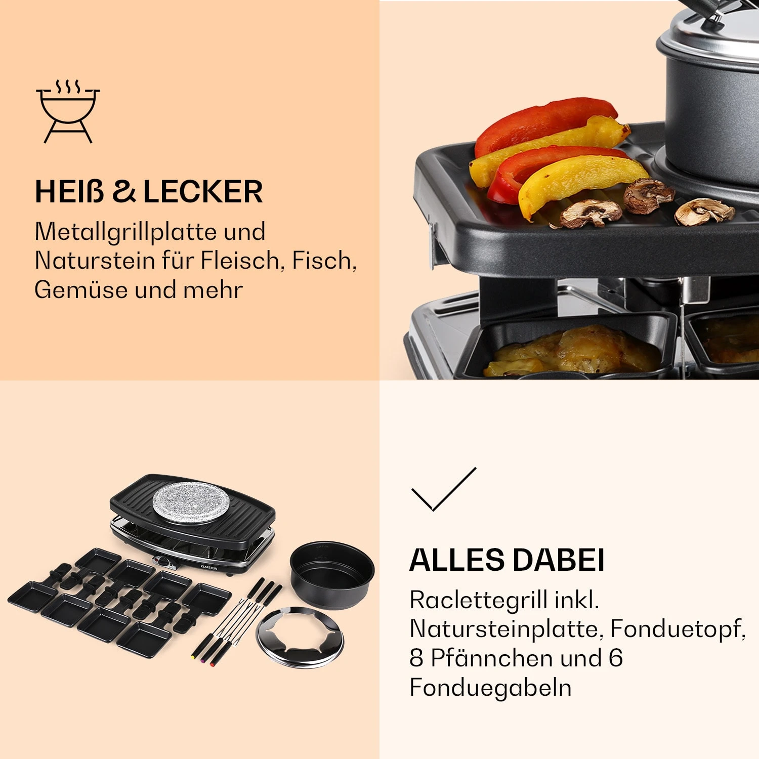 Entrecote 2-in-1 Raclettegrill & Fondue Naturstein 1100W 8 Personen – Bild 5