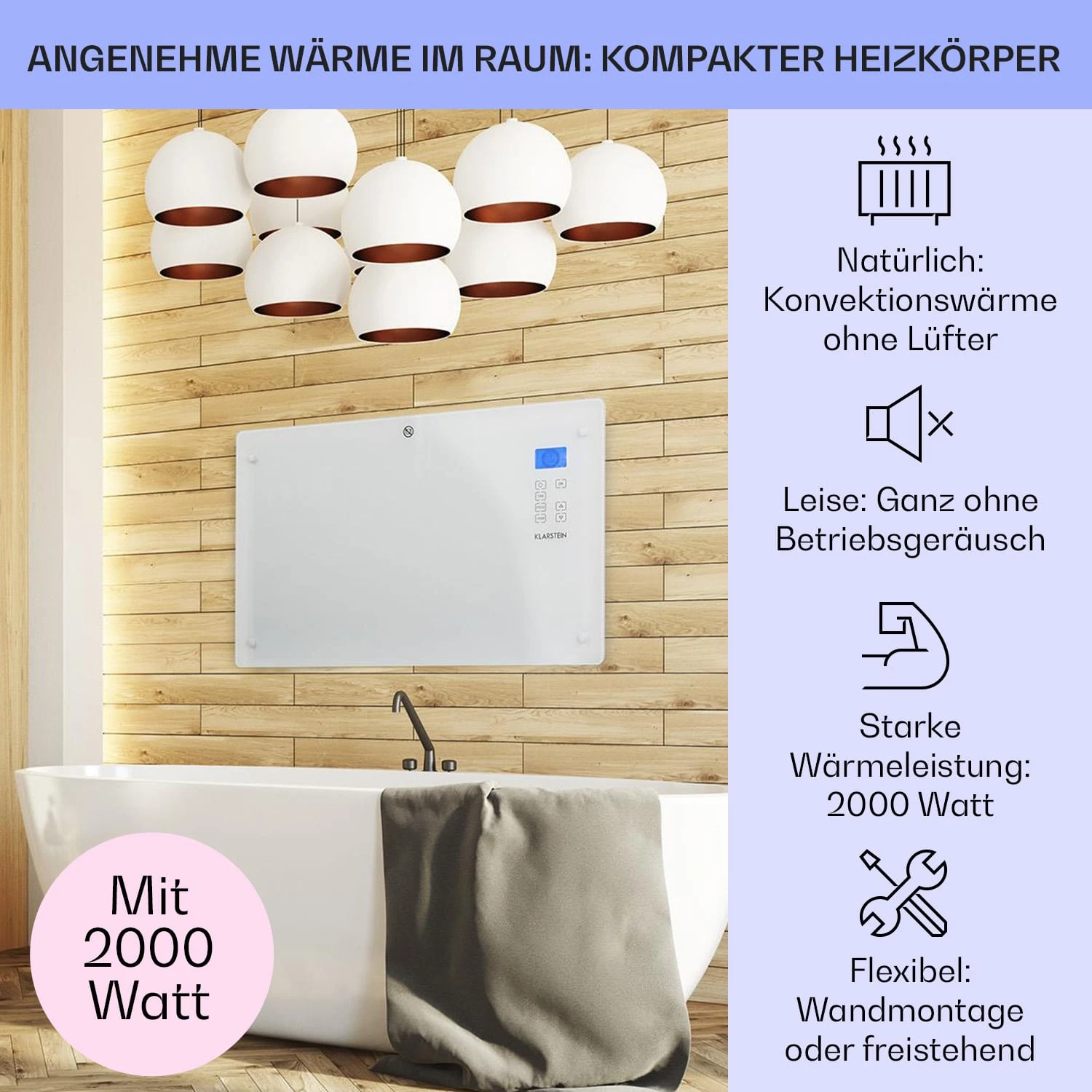 Norderney Konvektions-Heizgerät Thermostat Timer 2000W 30m² Weiß – Bild 2