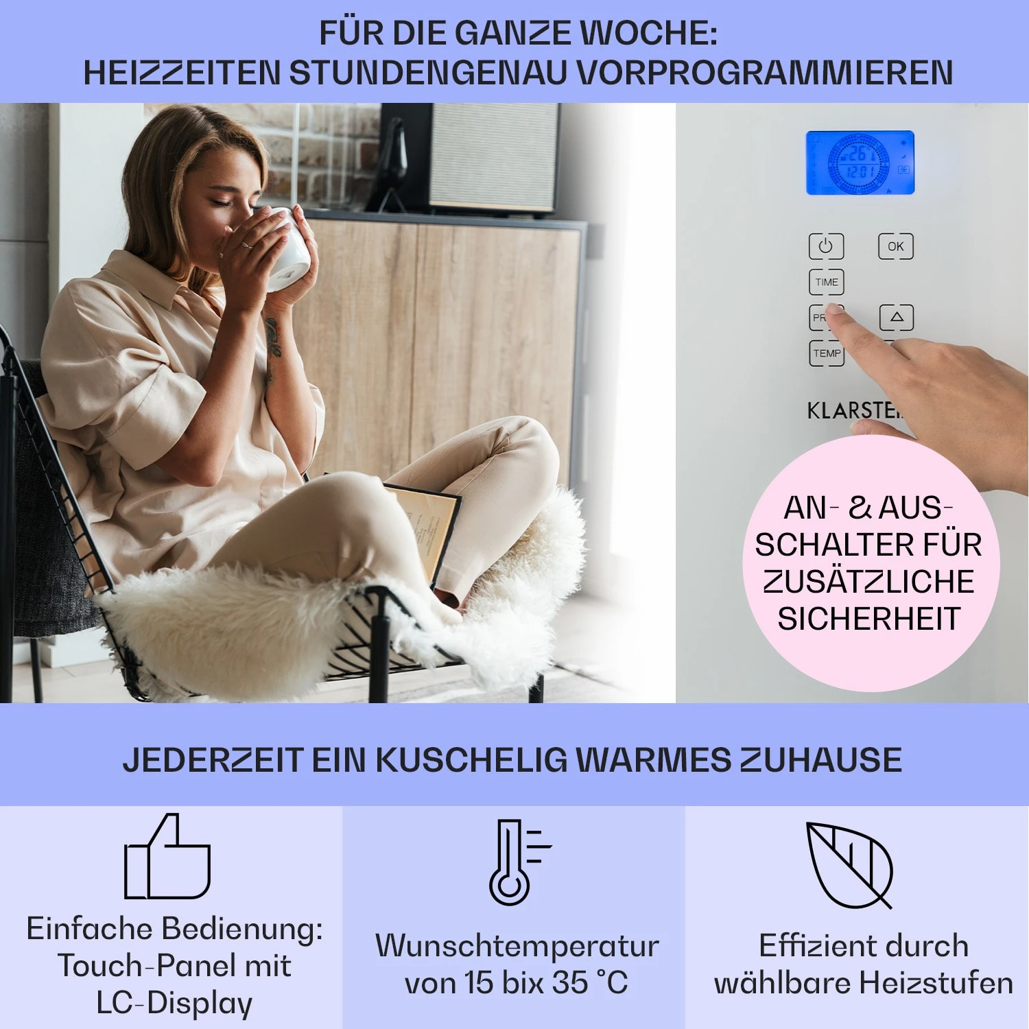 Norderney Konvektions-Heizgerät Thermostat Timer 2000W 30m² Weiß – Bild 3