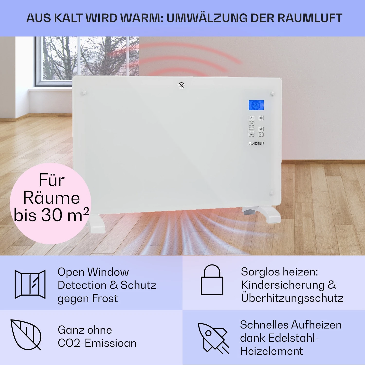 Norderney Konvektions-Heizgerät Thermostat Timer 2000W 30m² Weiß – Bild 4