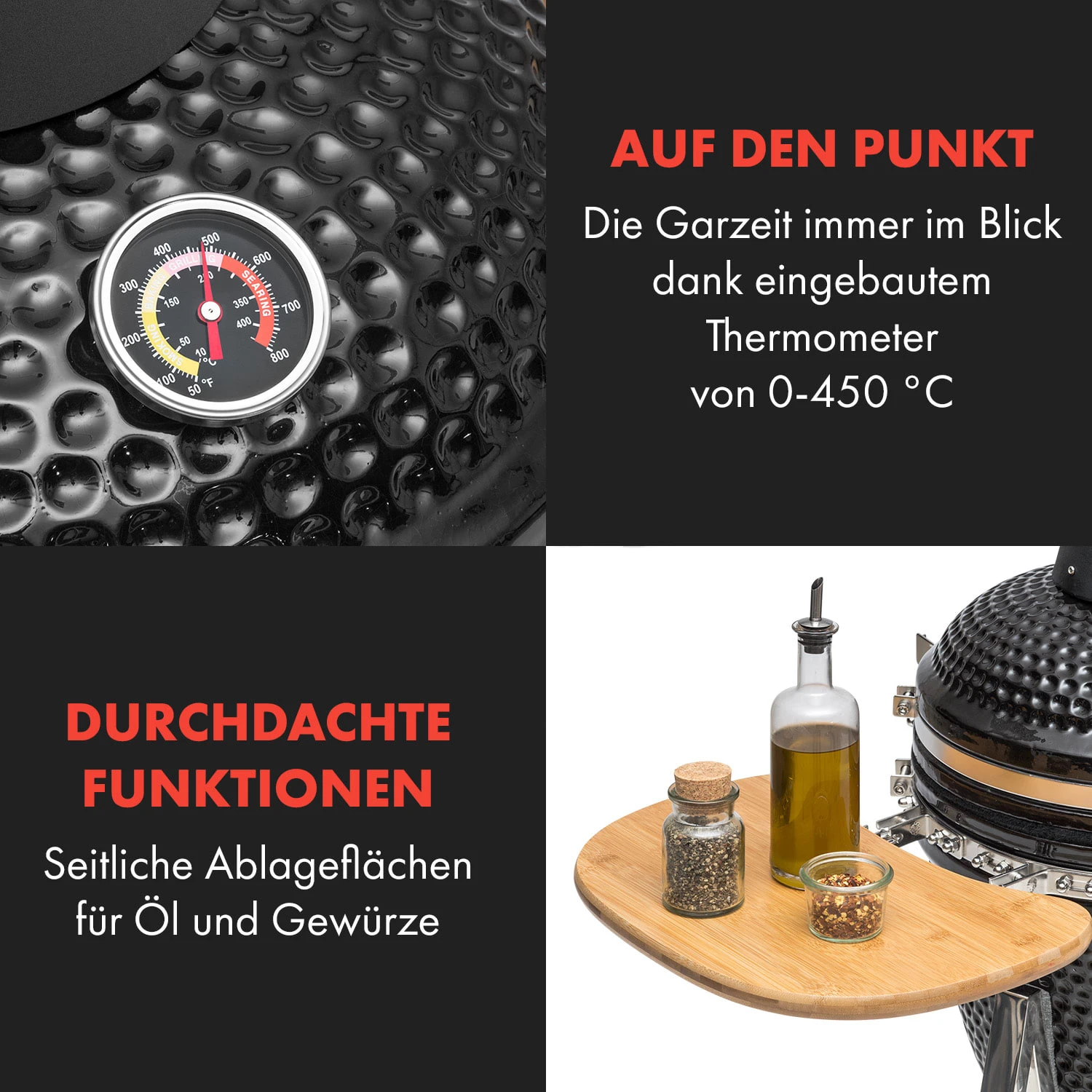 Queensize Kamado Grill Thermometer Abnehmbare Seitenteile Schwarz – Bild 6