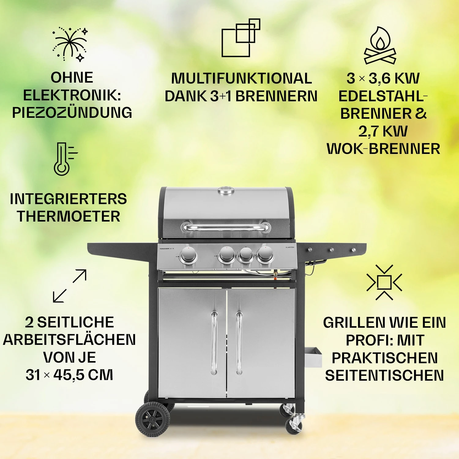 Tomahawk 3.1 S Gasgrill 3x3,6kW Brenner+2,7 KW 60x45cm Grill Edelstahl – Bild 2
