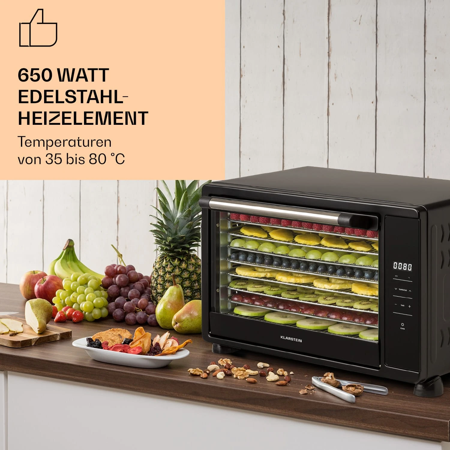 Mega Jerky Dörrautomat 650W 35-80°C LC-Touch-Display Timer 8 Ebenen – Bild 2