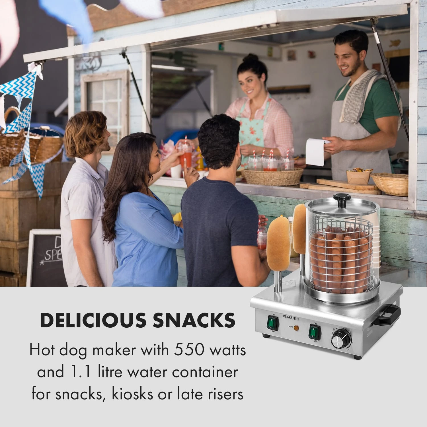 Wurstfabrik Pro 550 Hot Dog Maker 550W 2 Spieße 5L 30-100°C Edelstahl – Bild 2