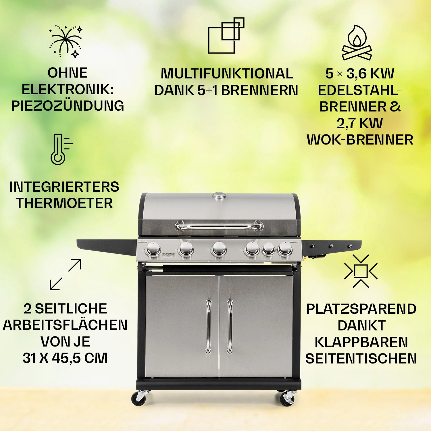 Tomahawk Gasgrill 5x3,6 KW + 2,7 KW Brenner 80x43,5 Cm Grill Edelstahl – Bild 2