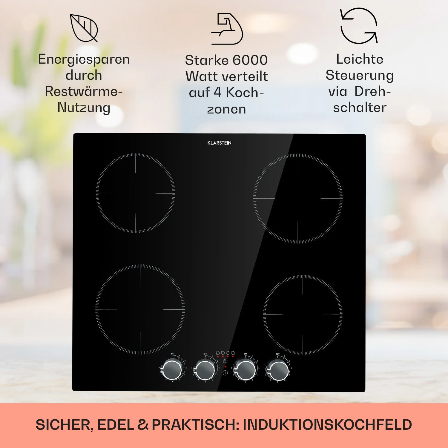 Kochheld 4-Zonen-Induktionskochfeld 6000W Dreh-Regler Glas Schwarz – Bild 2