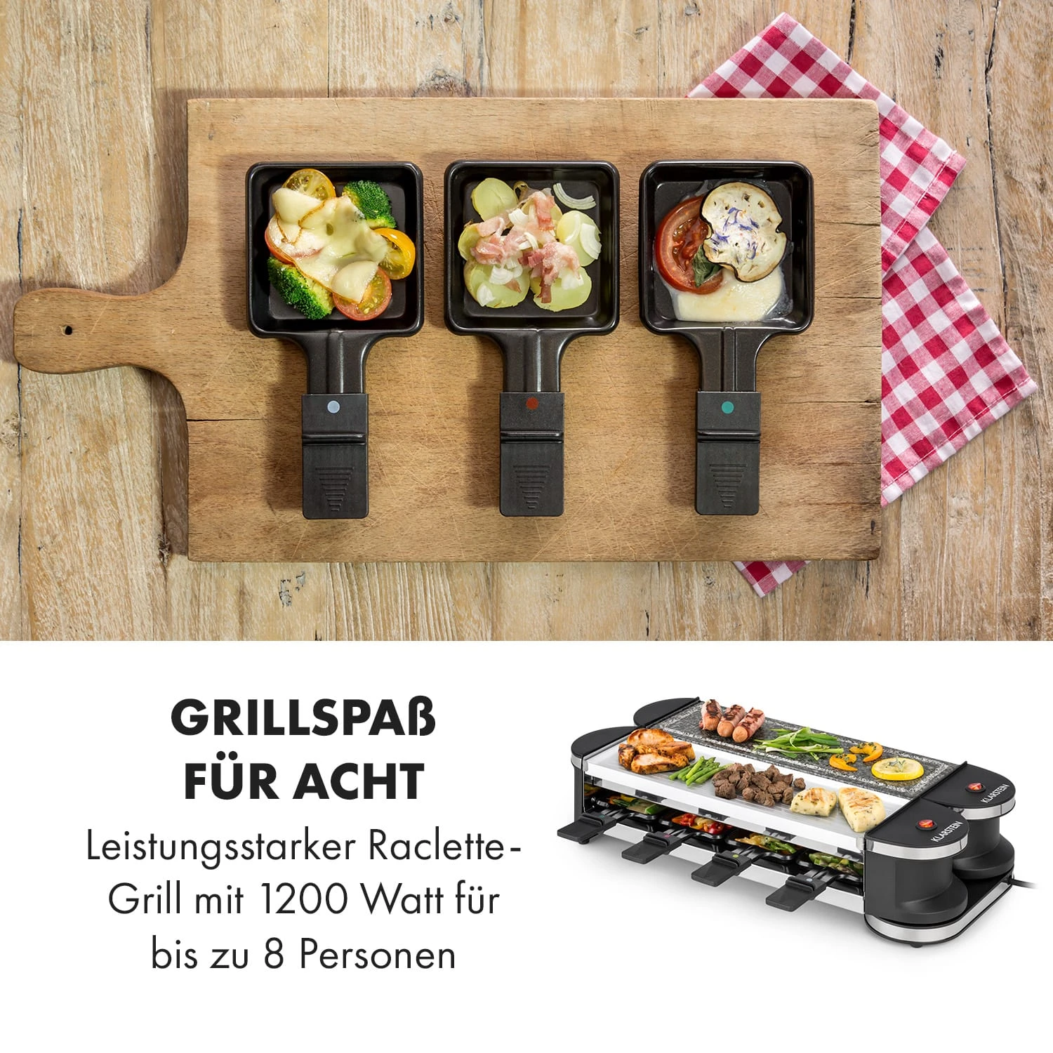 Tenderloin 50/50 Raclette-Grill 1200W 8 Personen Natursteinplatte Metallgrillplatte – Bild 2