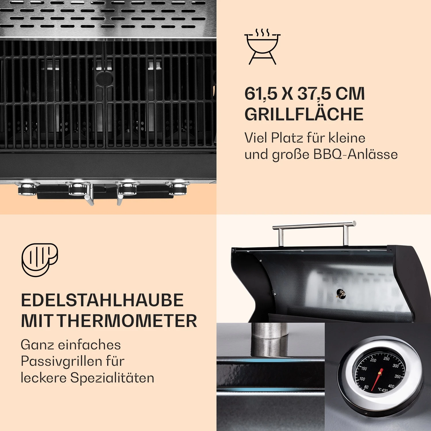 Valdosta 4.1 Gasgrill 4 X 2,8 KW + 2,5 KW Brenner Edelstahl Mobil – Bild 3