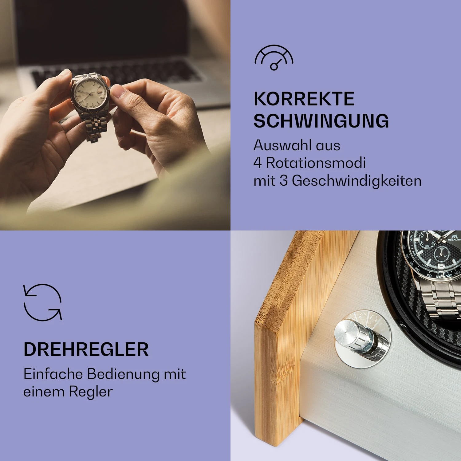Garonne 4 Uhrenbeweger, 2 Drehteller, 4 Uhren, 3 Geschwindigkeiten, 4 Modi, Bambus – Bild 3