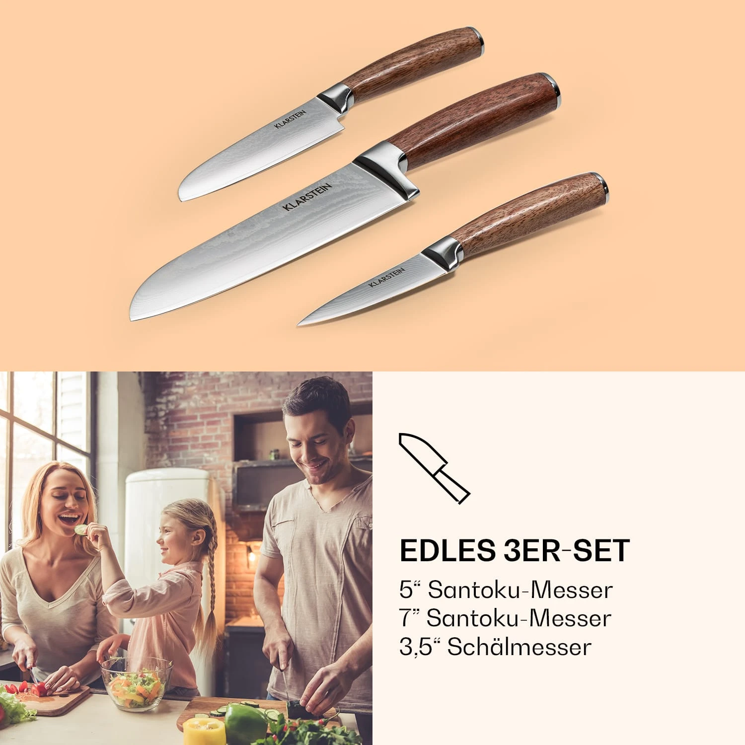 Kishiko Messerset Damaszener-Stahl 3-teilig Extra Scharf Rosenholz – Bild 3