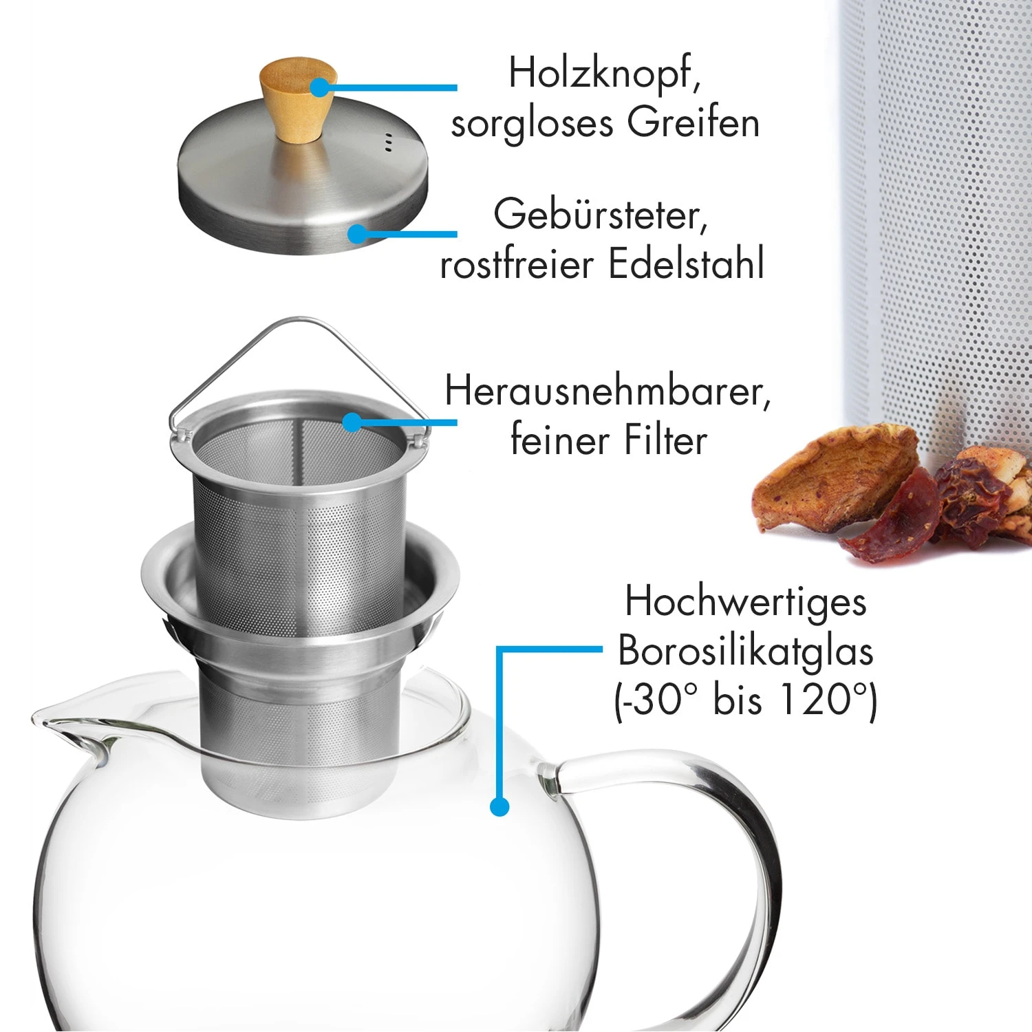 Sencha Teekanne 1,8 L Edelstahl-Siebeinsatz Borosilikatglas Deckel – Bild 6