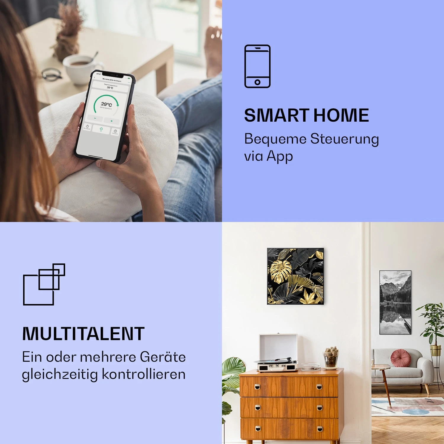 Wonderwall Air Art Smart Infrarotheizung Schwarze Blume 60x60cm 350W – Bild 2