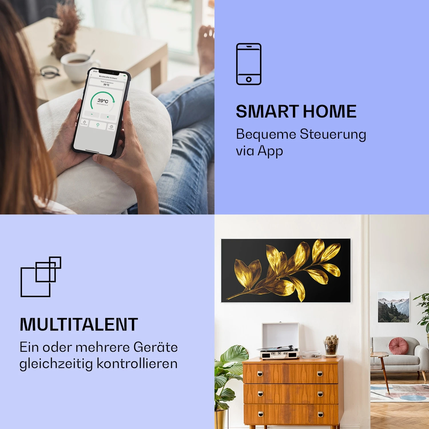 Wonderwall Air Art Smart Infrarotheizung Goldenes Blatt 120x60cm 700W – Bild 2