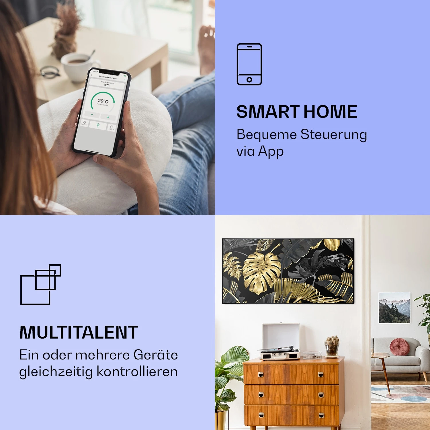 Wonderwall Air Art Smart Infrarotheizung Schwarzes Blatt 120x60cm 700W – Bild 2