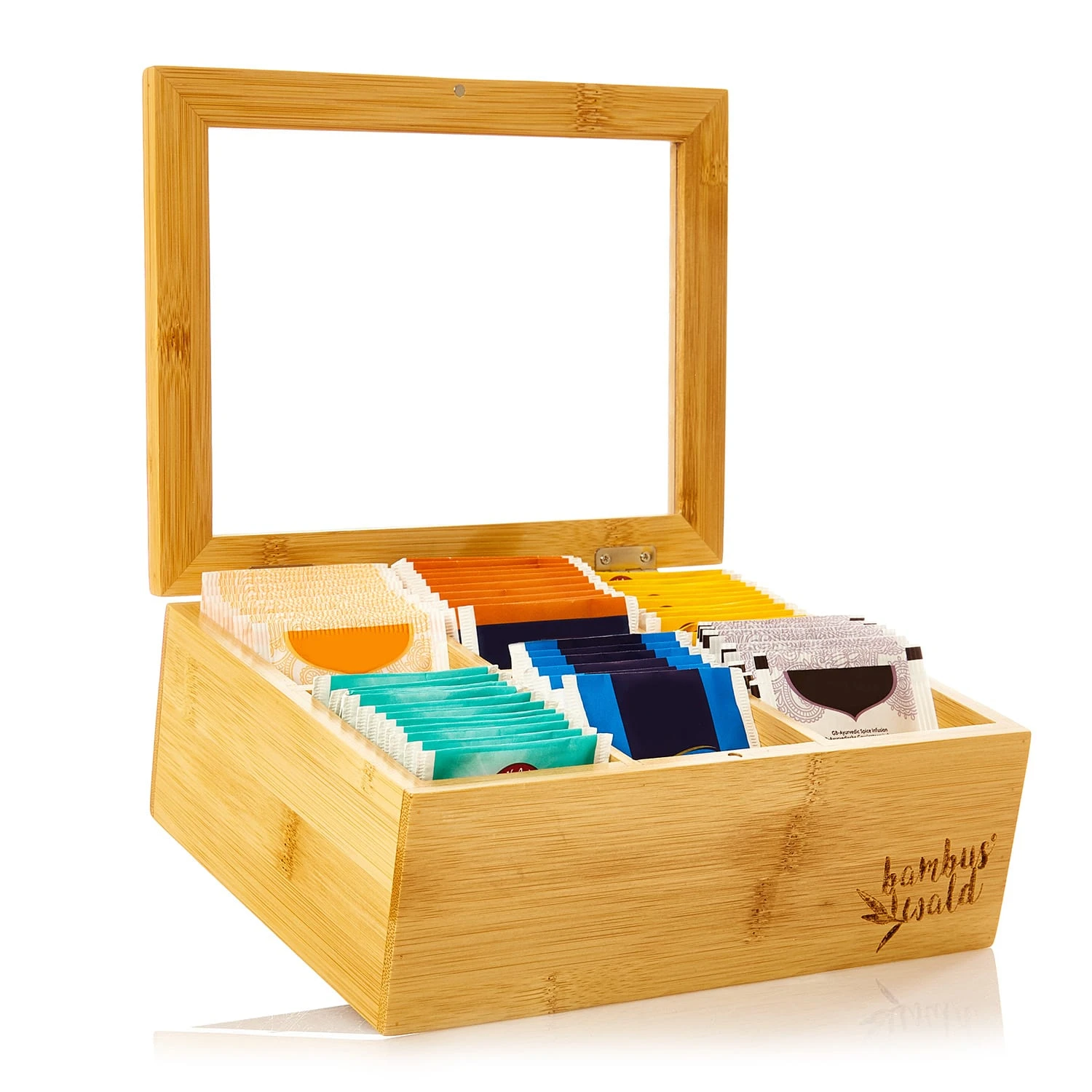 Teebox 6 Fächer 90 Teebeutel Kunststoff-Sichtfenster Bambus