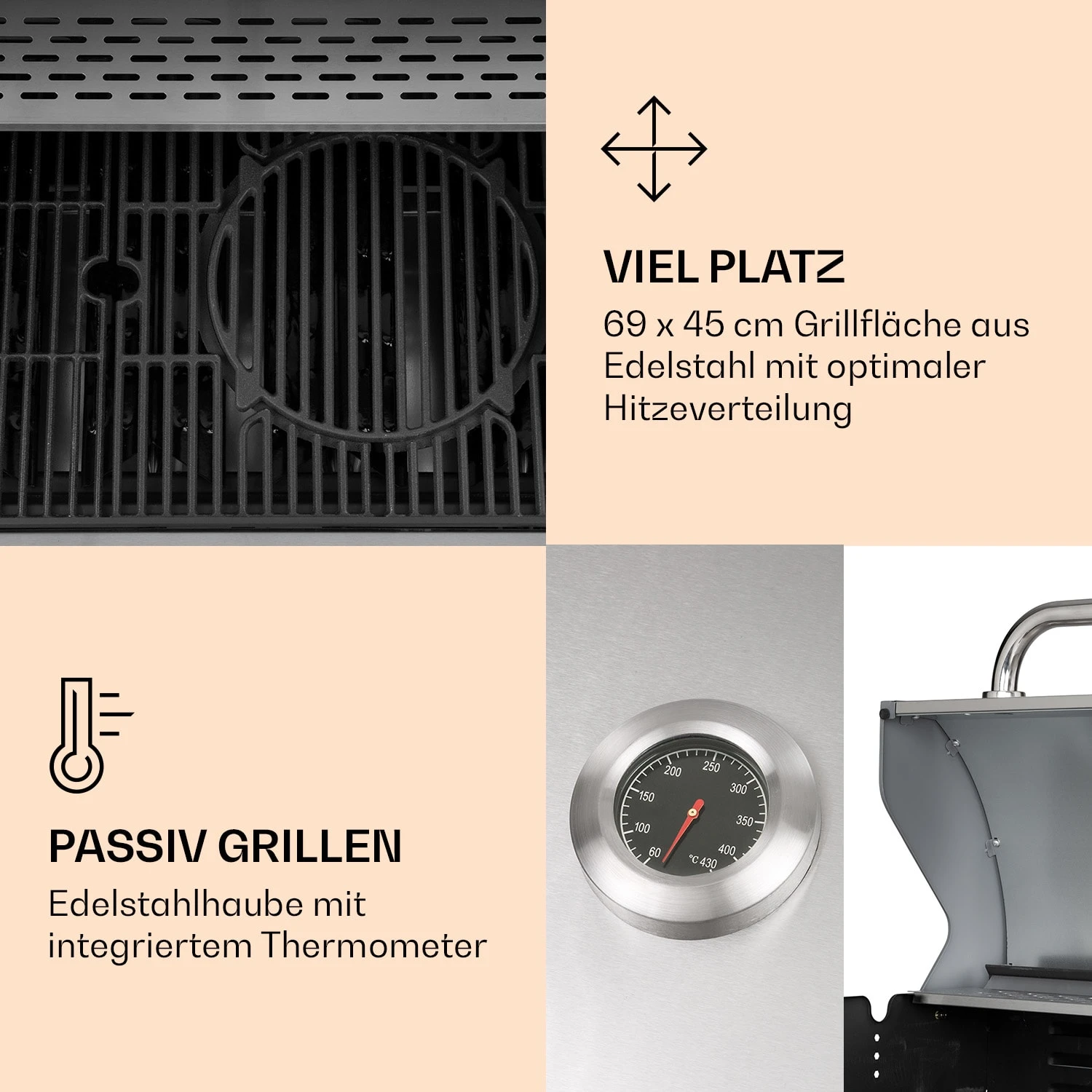 Lucifer 4 Gasgrill 4 X 3,6 KW Brenner 69x45cm Grill Edelstahl Mobil – Bild 4