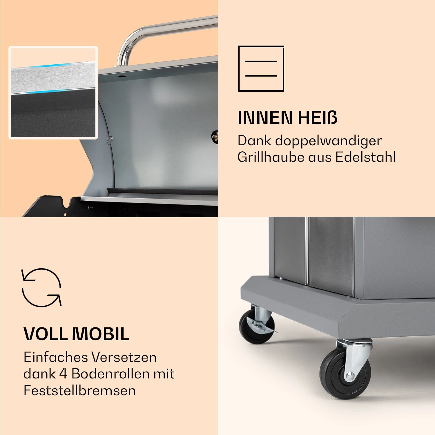 Lucifer 4 Gasgrill 4 X 3,6 KW Brenner 69x45cm Grill Edelstahl Mobil – Bild 6