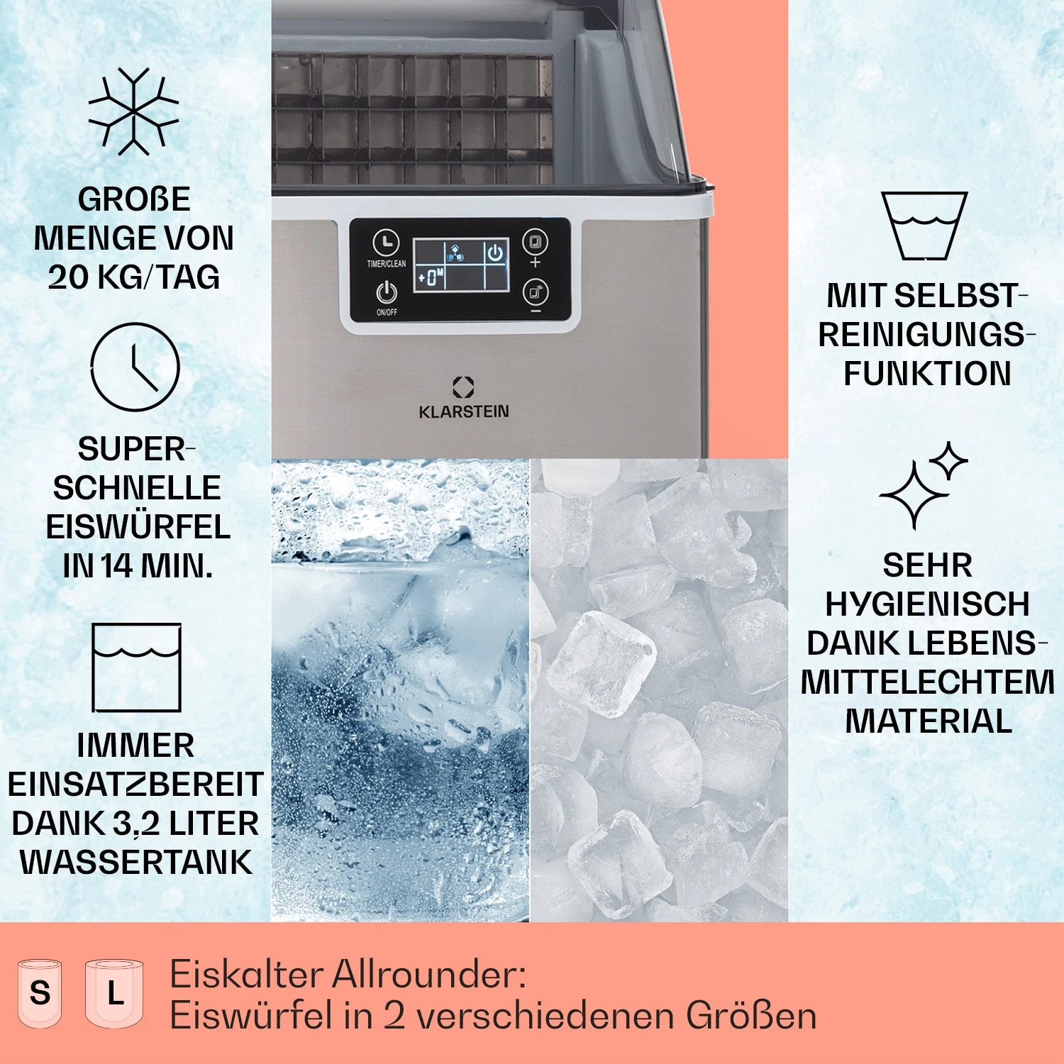 Chios Eiswürfelmaschine 20 Kg/24 H Auto-Clean 3,2-Liter Wassertank – Bild 2