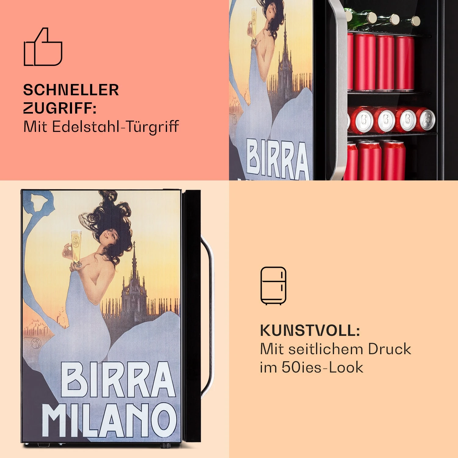 Beersafe 70 Birra Milano Edition Kühlschrank 70 Liter 3 Böden Panoramaglastür Edelstahl – Bild 4