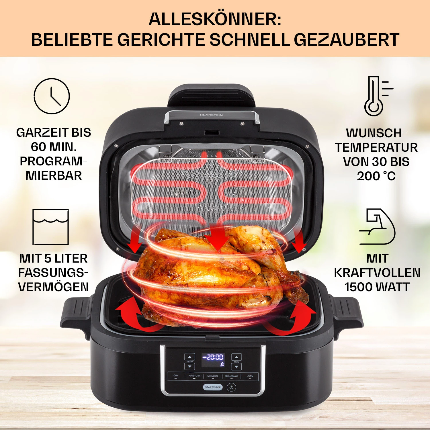 Combo Air Grill-Heißluftfritteuse 5 Programme 1500 Watt 4,5 L Grillkorb 2,5 L Frittierkorb – Bild 2