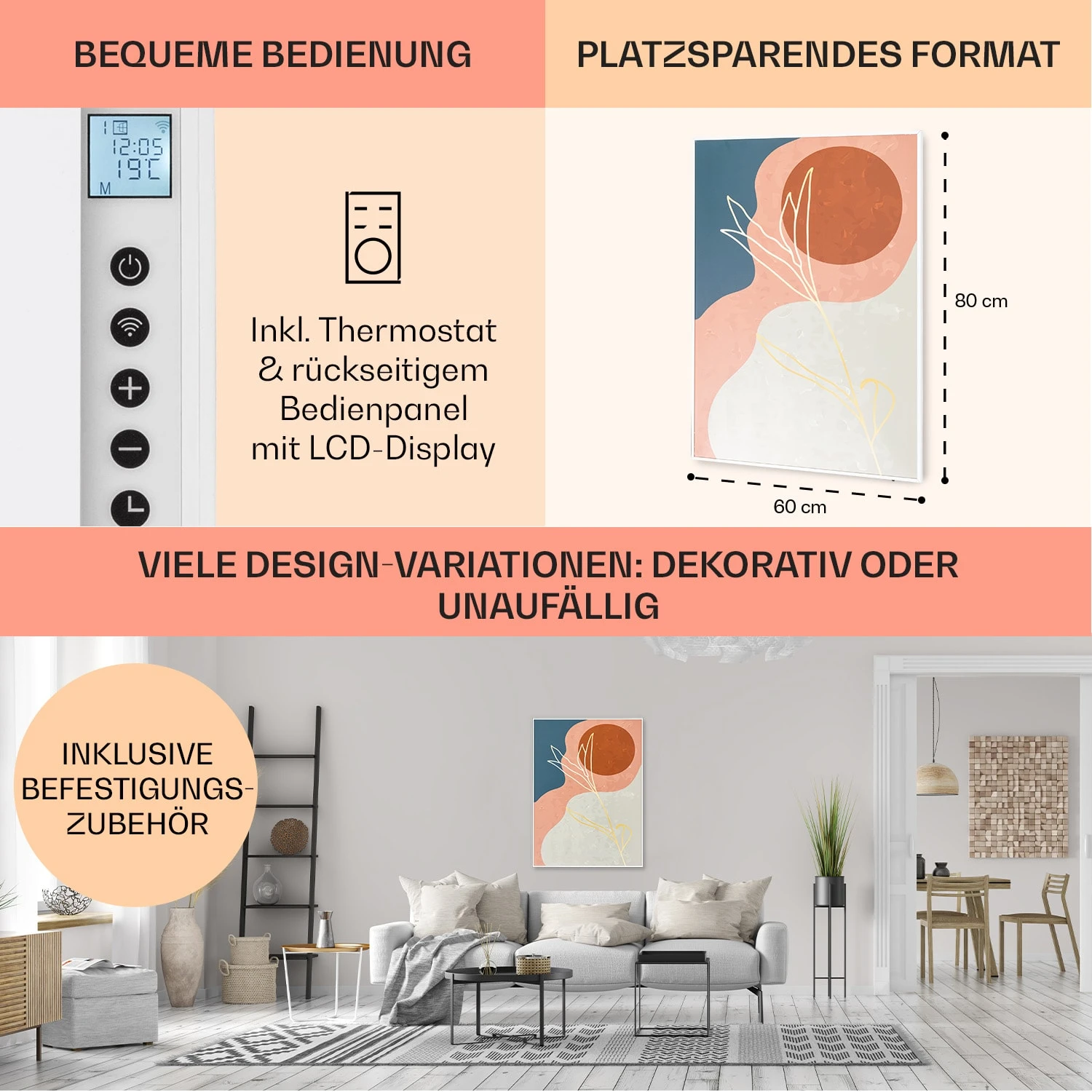 Wonderwall Air Art Smart Infrarotheizung 60x80cm 500W Wandinstallation App-Steuerung Goldene Linien – Bild 5