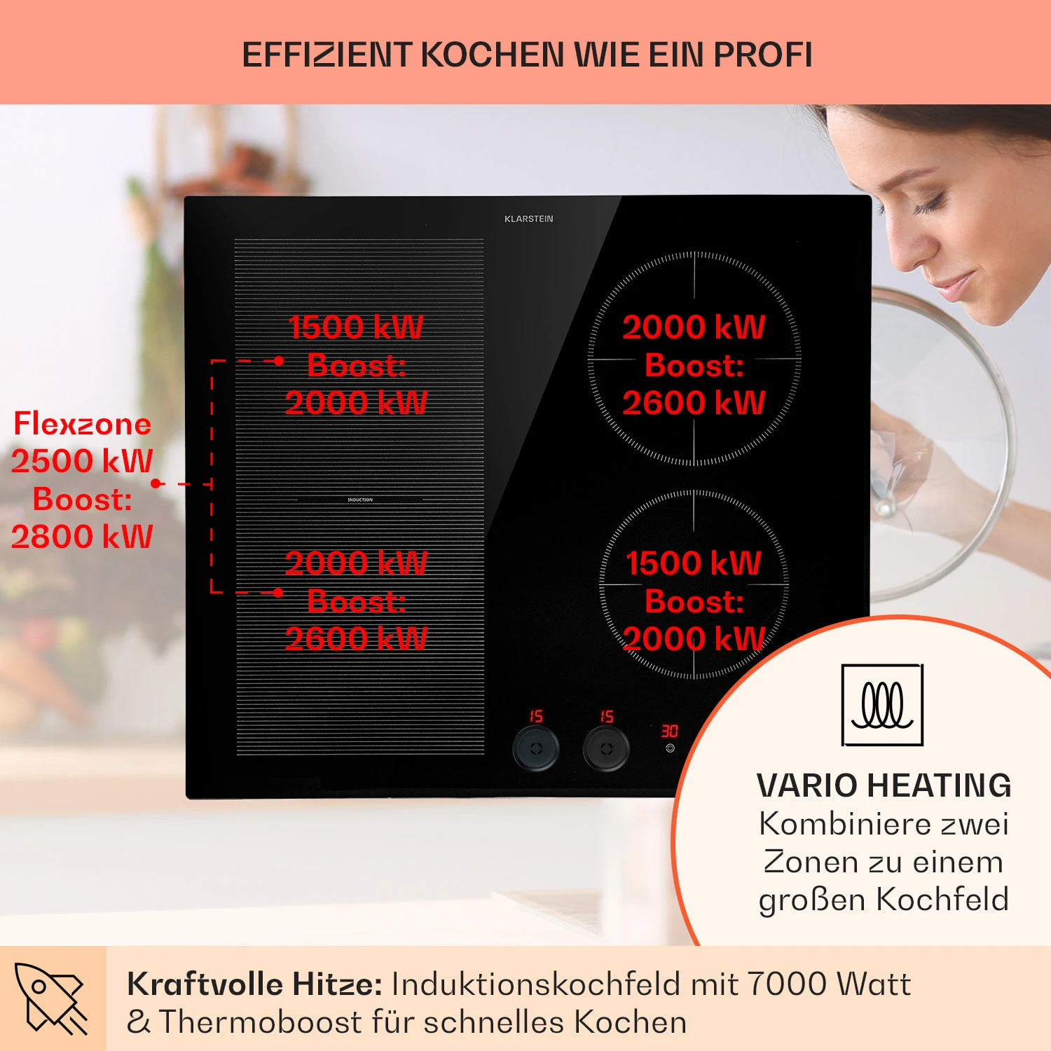 Magnichef 4 Flex Einbaukochfeld Induktion 4 Zonen / Flexzone 7000W Glaskeramik – Bild 3